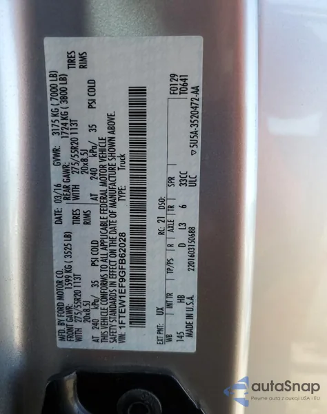 2016 Ford F150 Supercrew из США, поврежденный, VIN 1FTEW1EF9GFB62028